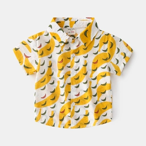 Boys' short sleeve cotton shirt featuring vibrant all-over yellow banana print with collar