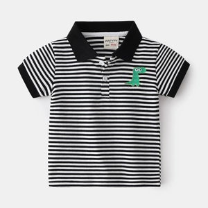 Boys' black and white striped cotton Polo shirt featuring a green dinosaur embroidery