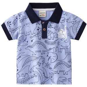 Kids short sleeve polo shirt with light blue cotton fabric and navy dinosaur print