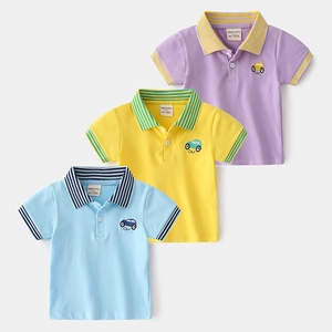 Boys Short Sleeve Polo Shirt Cotton Blend Contrast Stripe Lapel Top With Car Embroidery Cartoon Summer Casual Kids Shirt