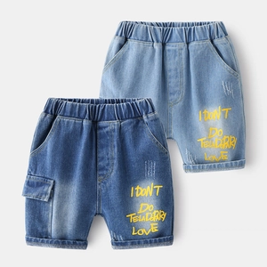 Boys Casual Denim Shorts Cotton Letter Print Cargo Shorts Summer Elastic Waist Kids Jean Shorts Light Dark Blue