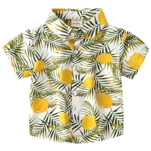 Kids short sleeve shirt with summer lemon and palm leaf print on breathable cotton