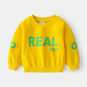 Kids bright yellow long sleeve sweatshirt with green REAL OKAY print and ribbed trims