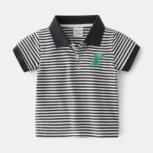 Boys' striped cotton polo shirt with cute dinosaur embroidery and classic black collar