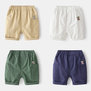 Short Décontracté en Mélange de Coton pour Garçons Broderie Chiot de Dessin Animé Taille Élastique Multi Poches Pantalon de Plage