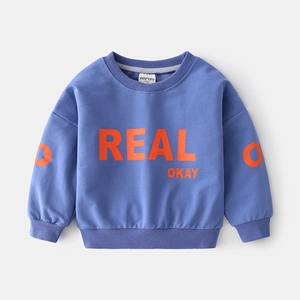 Kids oversized light blue sweatshirt with orange REAL letter print and sleeve rings