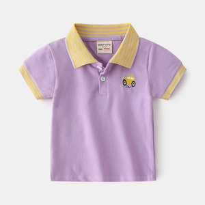 Light purple kids polo shirt with yellow striped collar and embroidered cartoon car design