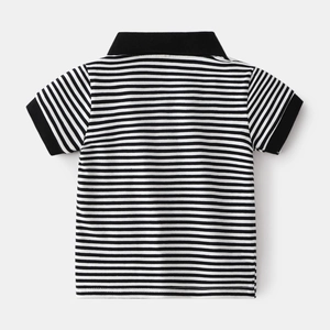 Classic black and white striped cotton Polo shirt for boys, short sleeve back view