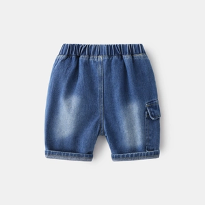 Classic dark blue wash denim shorts for boys with elastic waist and cargo pocket detail