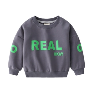 Blue-grey oversized kids sweatshirt with green REAL print and ribbed cuffs