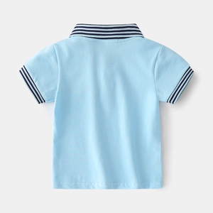 Light blue children's cotton Polo shirt with navy stripes on collar and cuffs, back view