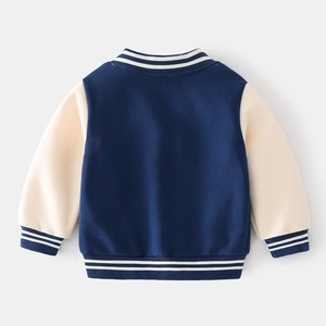 Back view of boys navy blue and cream varsity jacket with striped ribbed trims and embroidery