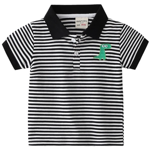 Boys black and white striped cotton Polo shirt with green dinosaur embroidery on the chest