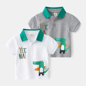 Boys Short Sleeve Polo Shirt Cotton Contrast Color Lapel Cartoon Crocodile Graphic Print Kids Summer Casual Top