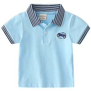 Light blue children's short sleeve polo shirt with car embroidery and striped collar
