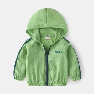Kids lightweight green hooded sun protection jacket with zipper and OKAY print
