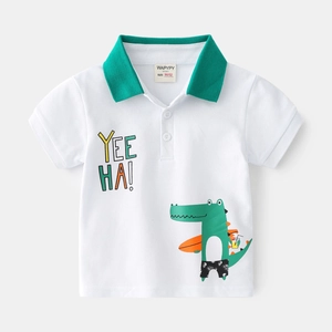 Toddler boys white short sleeve polo shirt with green collar and crocodile graphic