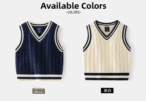Detail of V-neck knitted vests in navy and off-white with cable knit and striped trim