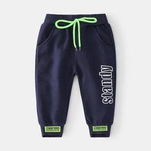 Navy blue kids cotton sweatpants with neon green drawstring and letter print