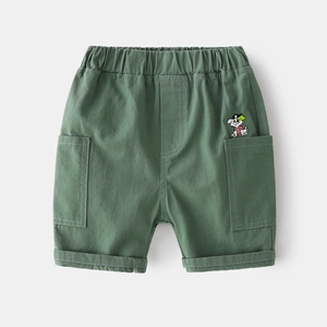 Short décontracté enfant vert armée en coton avec taille élastique et broderie chien