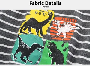 Close-up of knit fabric texture with colorful dinosaur prints on striped sweatshirt