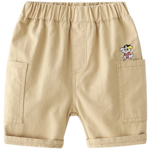Short d'été en coton pour enfants kaki avec taille élastique et broderie chiot cartoon