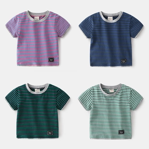 Boys Striped Short Sleeve T-Shirt Cotton Blend Crew Neck Fake Two-Piece Design Summer Casual Toddler Top Clothing