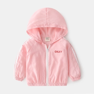 Pink hooded sun protection jacket for kids with zipper closure and OKAY letter print