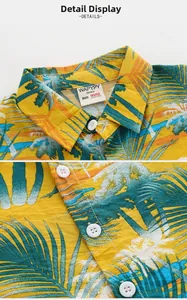 Close-up of tropical palm tree print on yellow cotton kids shirt with white buttons