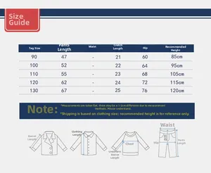 Detailed size chart for kids sports pants showing length and waist measurements