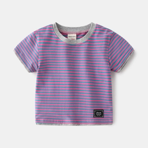 Kids short sleeve striped T-shirt with blue and pink patterns and grey ribbed trim