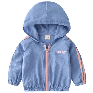Kids hooded sun protection jacket in sky blue with pink zipper and OKAY print