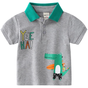Grey boys short sleeve cotton polo shirt with green collar and cartoon surfing crocodile