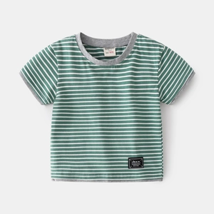 Short-sleeved striped t-shirt for boys in green and white with grey ribbed collar and cuffs