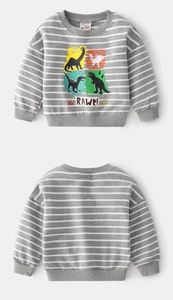 Detail of grey striped kids sweatshirt featuring colorful cartoon dinosaur prints