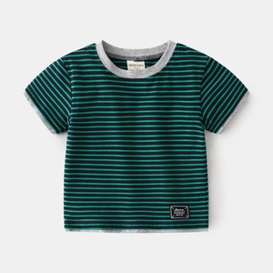 Green striped short-sleeve T-shirt for boys with gray ribbed trims and casual fit