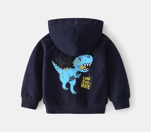 Detail of navy blue kids hoodie featuring a bright cartoon dinosaur and ROAR text print