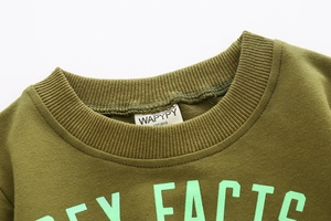 Détail d'un sweat vert armée avec col en maille côtelée et imprimé REX FACTS