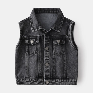 Gilet in denim classico per bambini grigio-nero lavato con colletto e bottoni in metallo