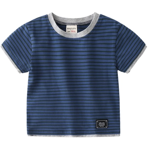 Kids short sleeve striped t-shirt with faux two-piece grey trim in blue and black