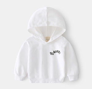 Close-up of white cotton hoodie featuring black ROAARR text and ribbed cuff texture