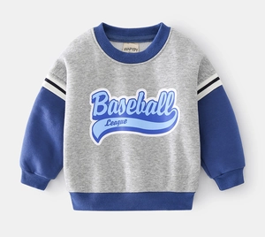 Detailed view of kids fleece sweatshirt featuring baseball league print and rib knit cuffs