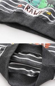 Detail of striped kids sweatshirt showing dinosaur print and soft terry lining fabric