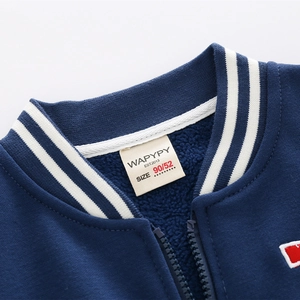 Boys navy baseball jacket with warm fleece lining and striped ribbed collar zip coat