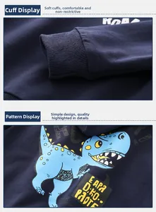 Detail of navy blue kids hoodie featuring ribbed cuffs and soft cotton dinosaur print