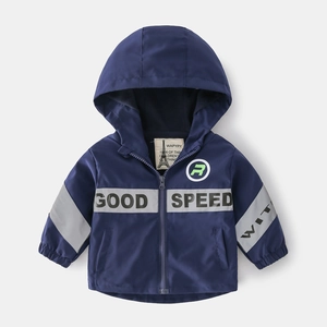 Boys Hooded Jacket Fleece Lined Thickened Windproof Outerwear Navy Blue Patchwork Letter Print Zipper Coat For Kids