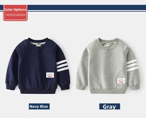 Detail of navy and grey crewneck sweatshirts featuring white sleeve stripes and sport labels