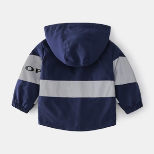 Thickened hooded children's jacket in navy and grey colorblock, back view style