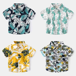 Kids short sleeve Hawaiian shirts with tropical floral patterns in four vibrant colors