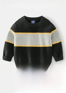 Detail of color-block knit sweater showing ribbed cuffs and textured stitching
